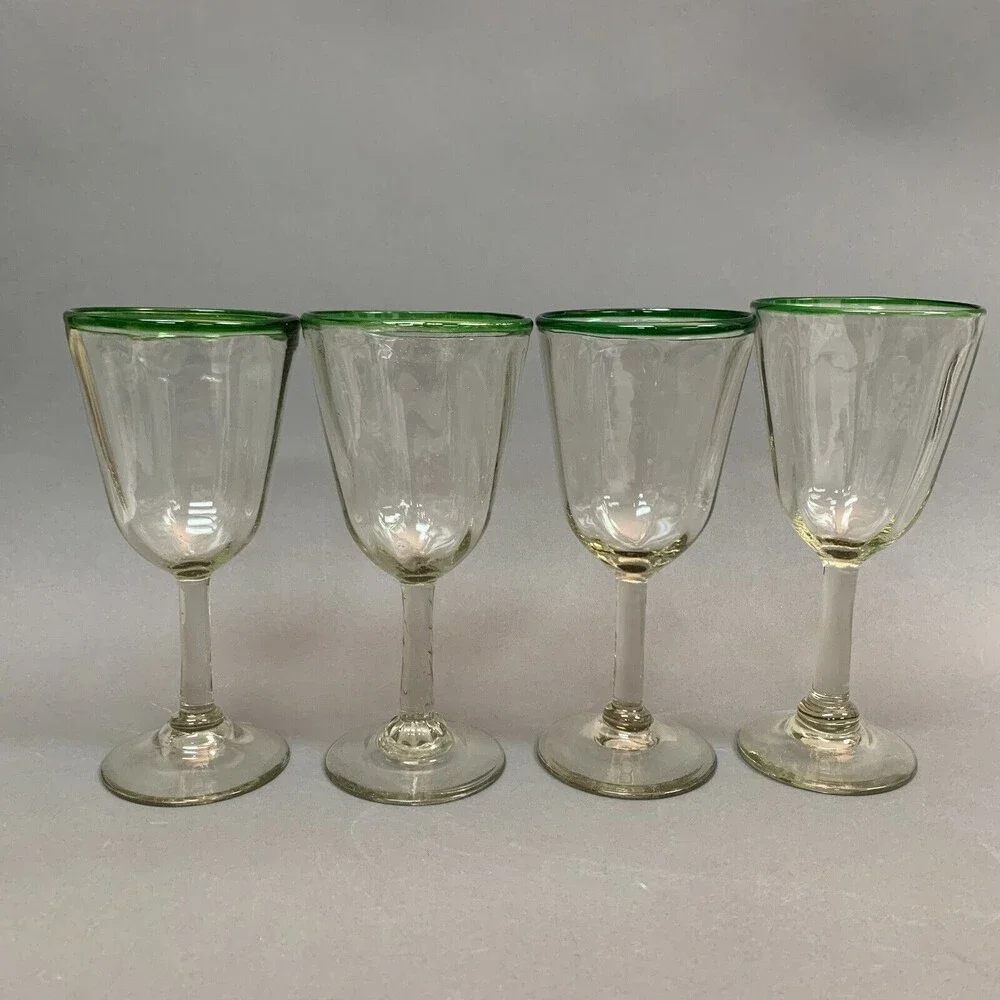 Clear Glass Green Trim Blown‎ Glasses Mexico? Lot of 4